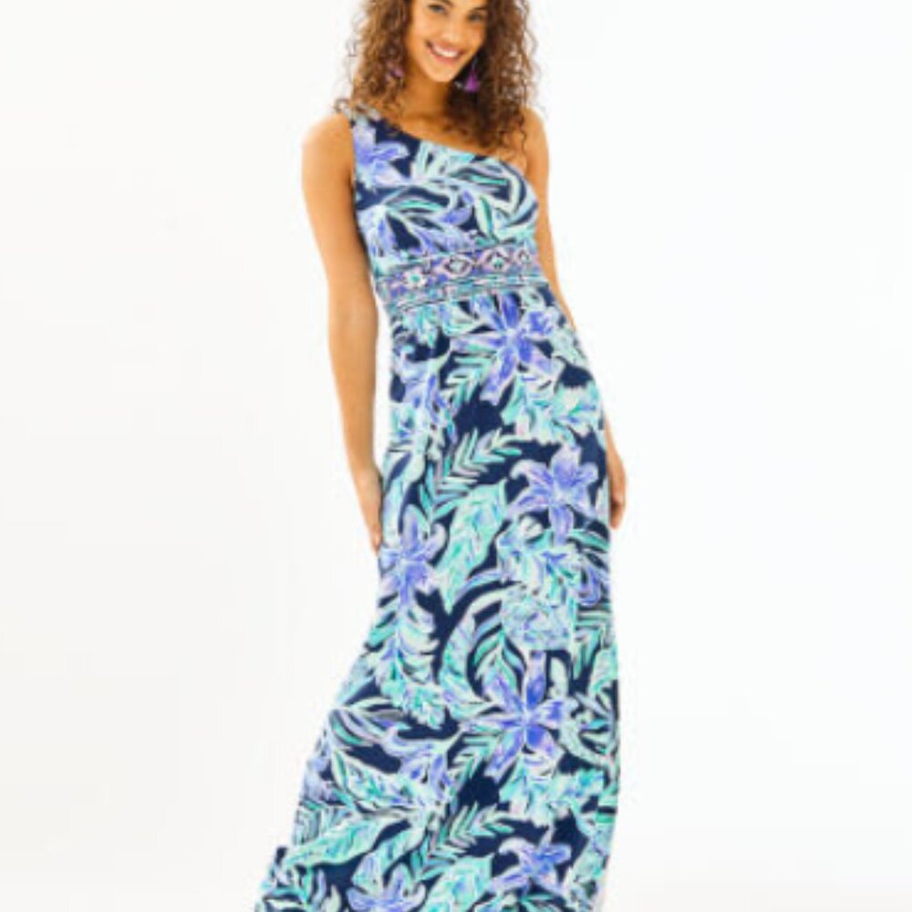 Lilly Pulitzer Malia One-Shoulder Dress Small in High Tide Navy Ready Set Gecko - Picture 5 of 8